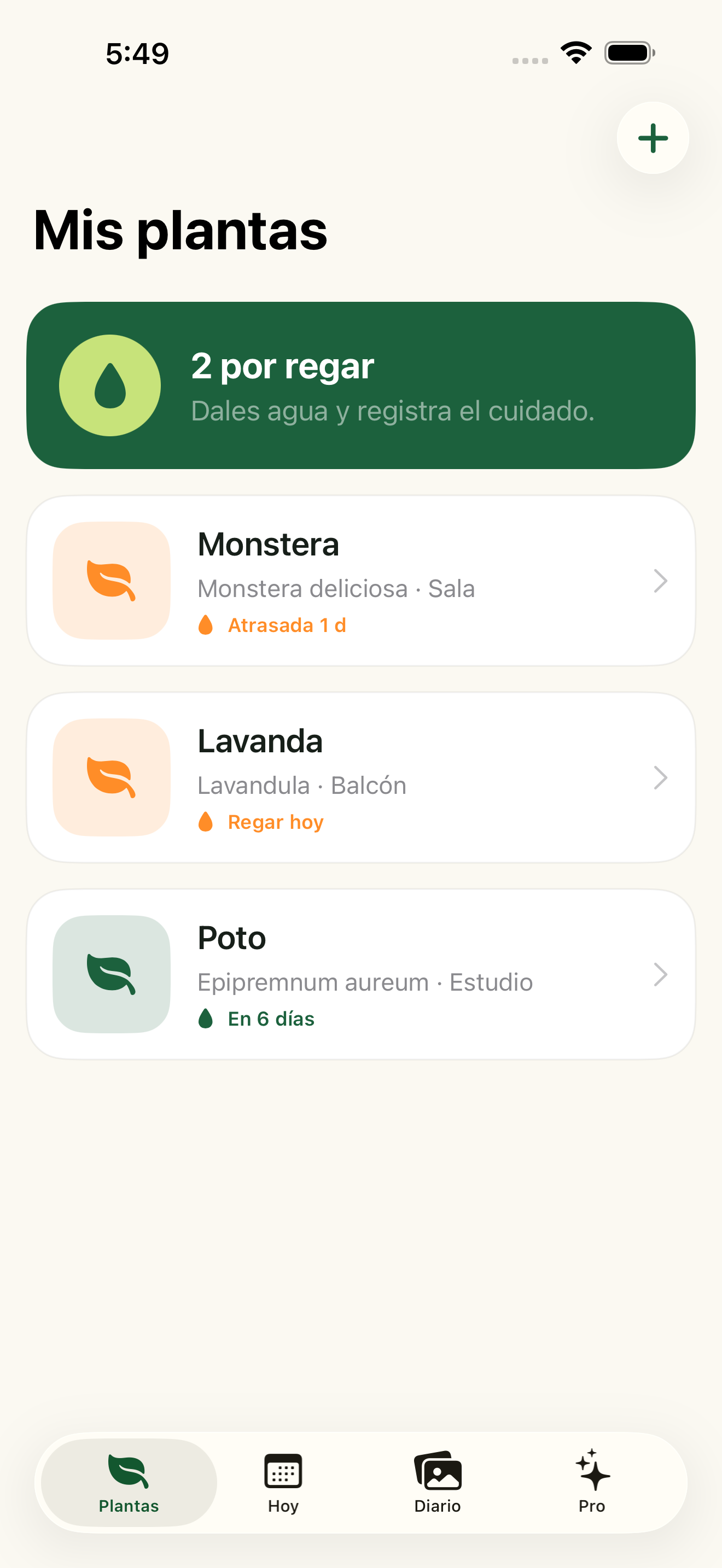 Pantalla principal con plantas