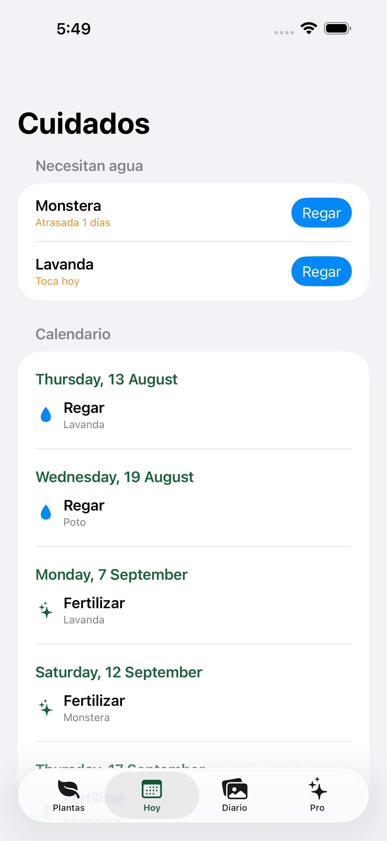 Pantalla de calendario de cuidados